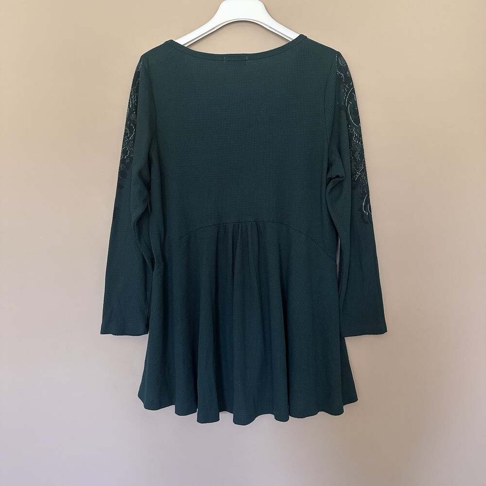 One World 2X Green Boho Tunic Length 3/4 Sleeve Top Thermal Waffle Knit Embellis - Picture 10 of 10